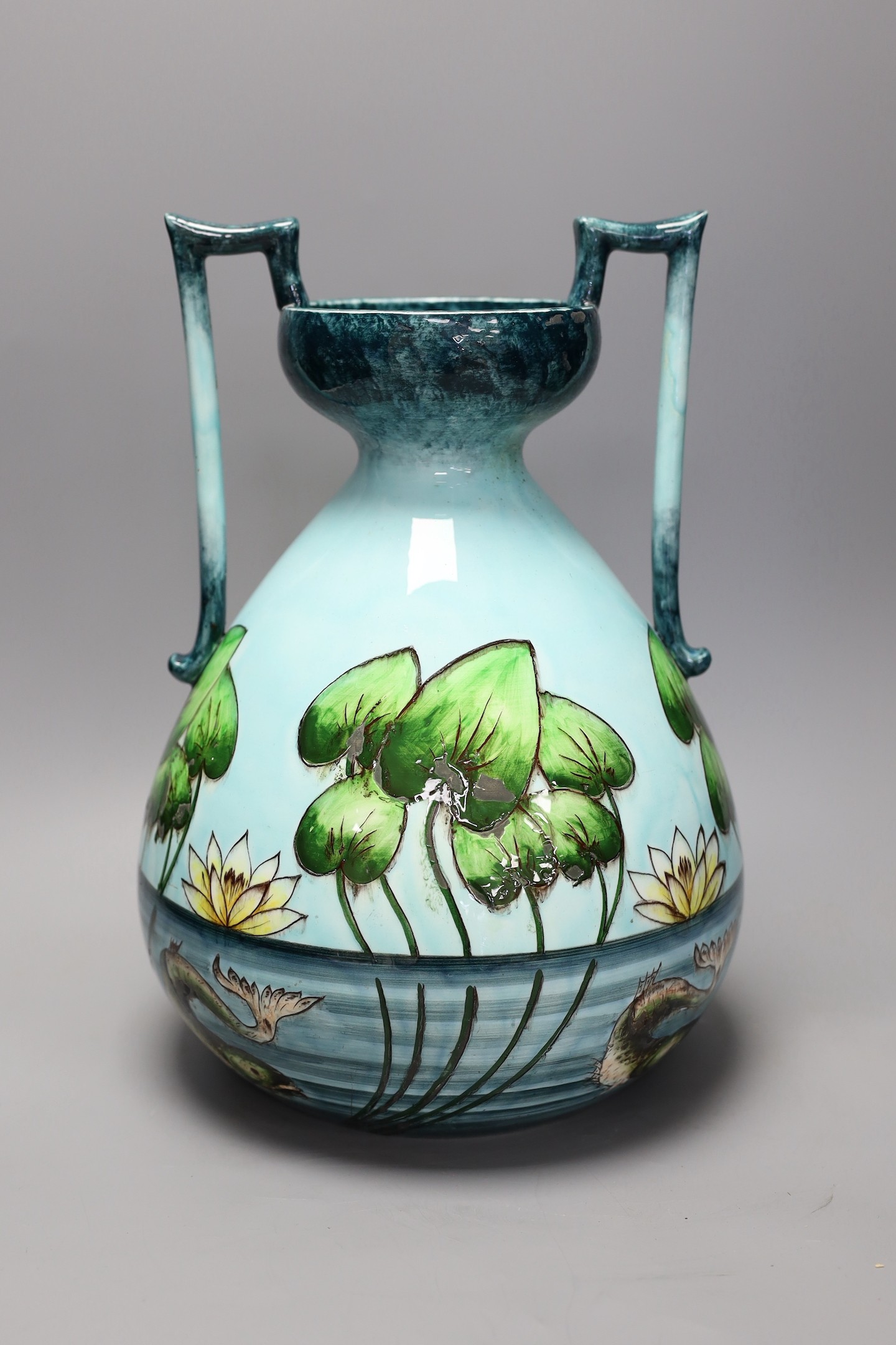 A Julius Dressler two handle ‘lily pond’ pottery vase, 36cm high